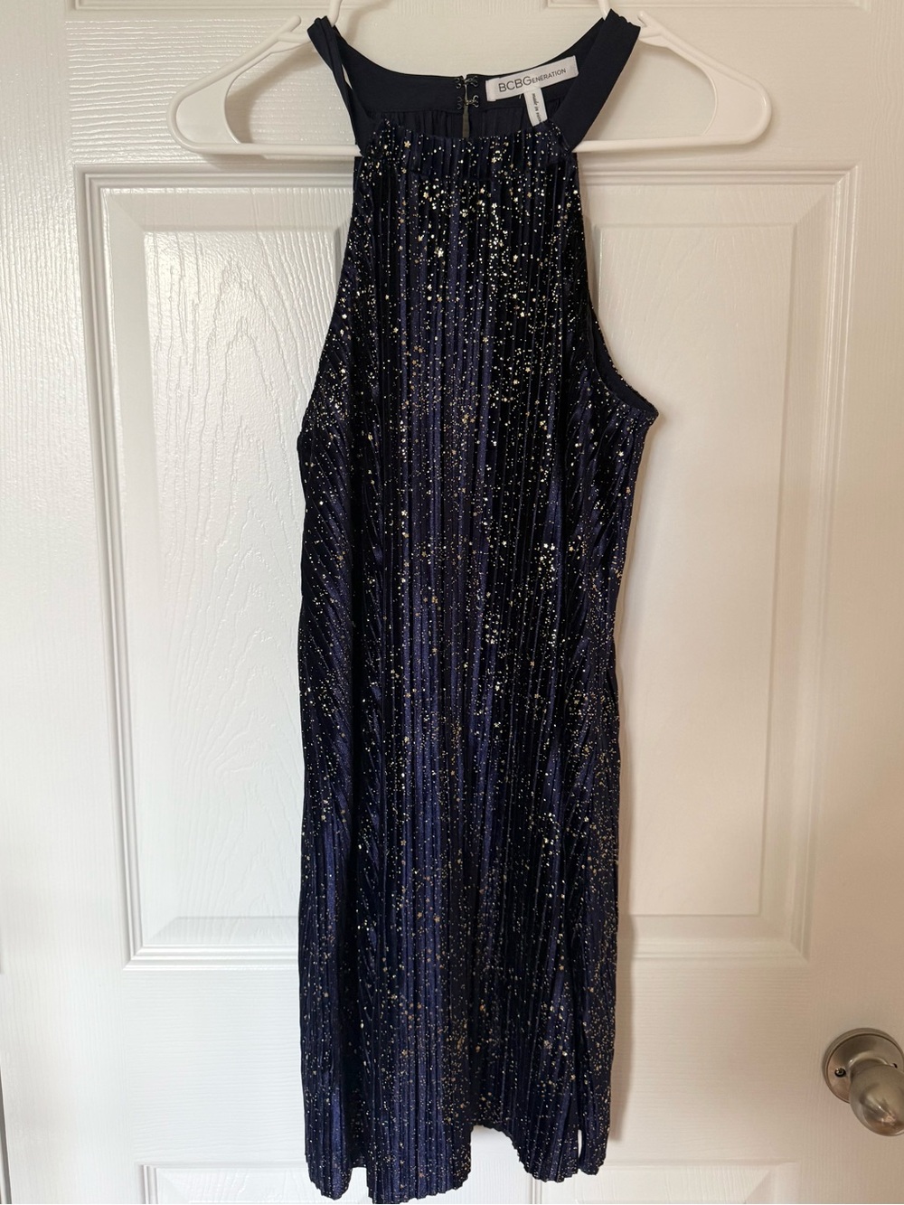 BCBGeneration Navy Gold Glitter Halter Mini Dress